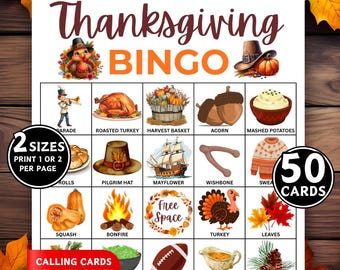 May include: Thanksgiving Bingo game card set with 50 cards. The card features illustrations of Thanksgiving-themed items like a turkey, pumpkin, and pilgrim hat. Includes calling cards and a call board. Two sizes available.
