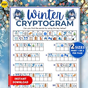 May include: A printable winter cryptogram puzzle with a blue and white design. The puzzle features a key with winter-themed images and a grid for solving. Text includes "Winter Cryptogram" and "Instant Download."