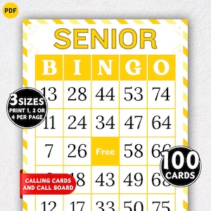 May include: A yellow and white Senior Bingo game card with the word "SENIOR" at the top. The card has a grid of numbers, the word "BINGO" across the top, and includes "100 CARDS" and "3 SIZES" labels.