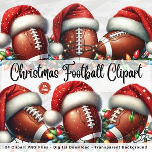 Aquarel kerst voetbal clipartbundel, American Football clipart, kerstlicht voetbal png, rugby png, voetbal kerstmuts clipart
