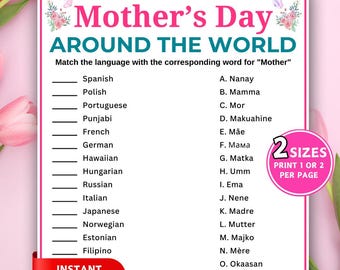 Around The World Game, Printable Mother's Day Party Games, Mother's Day Trivia Quiz, Family Trivia Game, Mother in Different Languages