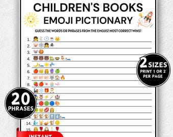 Children's Books Emoji Pictionary Game, Printable Baby Shower Games, Emoji Baby Shower Game, Book Emoji Quiz, Baby Phrases Emoji Trivia Game
