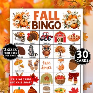 Puede incluir: Un juego de bingo con temática otoñal con ilustraciones de calabazas, un pavo y un búho. El juego incluye 30 cartas y tarjetas de llamada. El texto "FALL BINGO" se muestra de forma destacada en la parte superior.