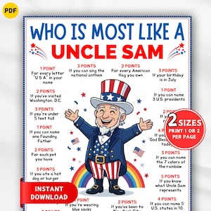 May include: A patriotic poster featuring Uncle Sam with a red, white, and blue color scheme. The poster includes text that reads "Who is Most Like a Uncle Sam" and a list of point-based challenges. The poster is available in 2 sizes.