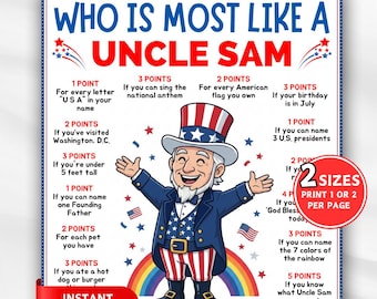Patriotic Games, Who is Most Like Uncle Sam Game, 4th of July Games, Printable Independence Day, Party Game, Fun Activity For Kids & Adults