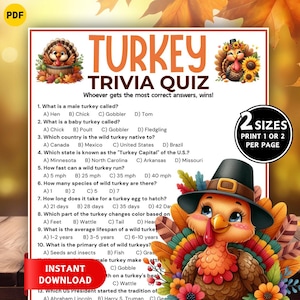 May include: A colorful Thanksgiving-themed trivia quiz with a cartoon turkey illustration. The quiz includes questions about turkeys, with answer choices. The text reads "Turkey Trivia Quiz" and "Instant Download."