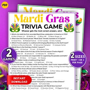 May include: Printable Mardi Gras trivia game with a purple and green design. The game includes questions about the history, traditions, and colours of Mardi Gras. The design features a mask and beads.