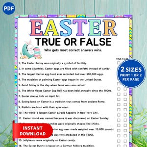 Op de afbeelding: Een printbaar Easter True or False spel met 16 vragen over paastradities. Het spel is ontworpen om op één of twee pagina's te worden afgedrukt. Het spel heeft een kleurrijk ontwerp met een konijn en paaseieren.