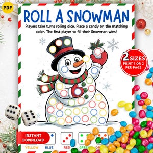 May include: A printable game titled "Roll a Snowman" featuring a cartoon snowman with a black top hat, red gloves, and a green and red scarf. The game includes dice, colorful candies, and instructions. The text "Instant Download" is also visible.