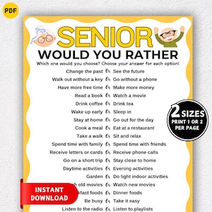 Peut inclure: Un jeu imprimable "Senior Would You Rather" sur fond jaune. Le jeu propose une liste de choix, tels que "Changer le passé ou Voir l'avenir". Comprend une bannière rouge "Téléchargement instantané" et un cercle noir avec le texte "2 Tailles".