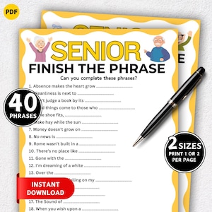 Może przedstawiać: Drukowana gra "Senior Finish the Phrase" z 40 frazami do uzupełnienia. Projekt ma żółto-białe tło ze słowami "Senior Finish the Phrase" dużymi literami. Zawiera czarny długopis i etykietę "Drukuj 1 lub 2 na stronę".