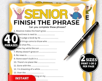 Può includere: Un gioco stampabile "Senior Finish the Phrase" con 40 frasi da completare. Il design presenta uno sfondo giallo e bianco con le parole "Senior Finish the Phrase" a lettere grandi. Include una penna nera e un'etichetta "Stampa 1 o 2 per pagina".
