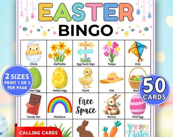 50 Osterbingokarten, Osterbingospiel, Osterpartyspiele, druckbare Bingoaktivität für Erwachsene, Osterspiele, Klassenzimmeraktivität für Kinder