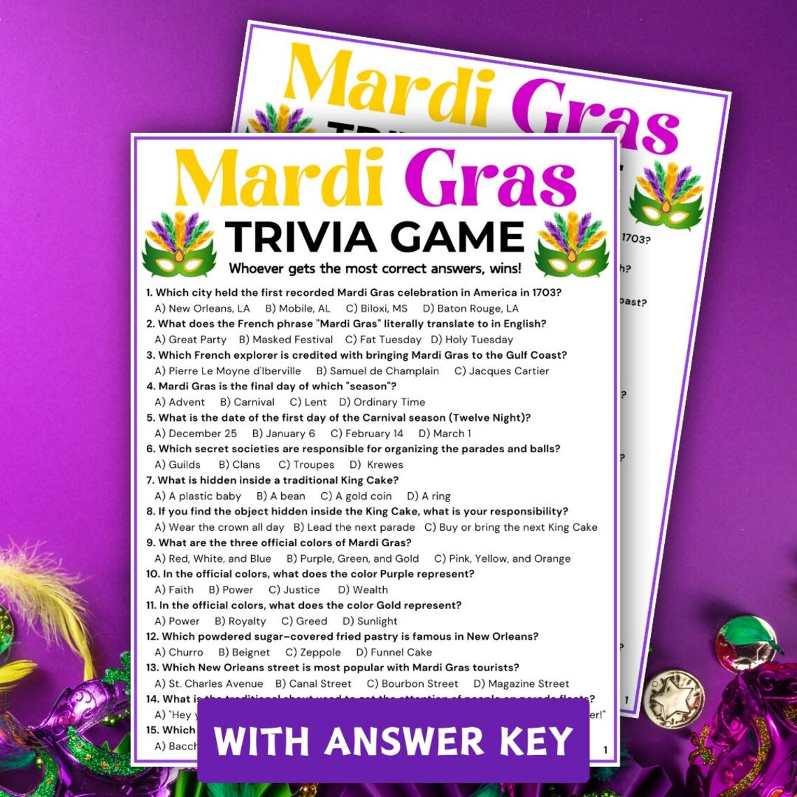 Mardi Gras Trivia Game, Printable Mardi Gras Party Games, Mardi Gras ...
