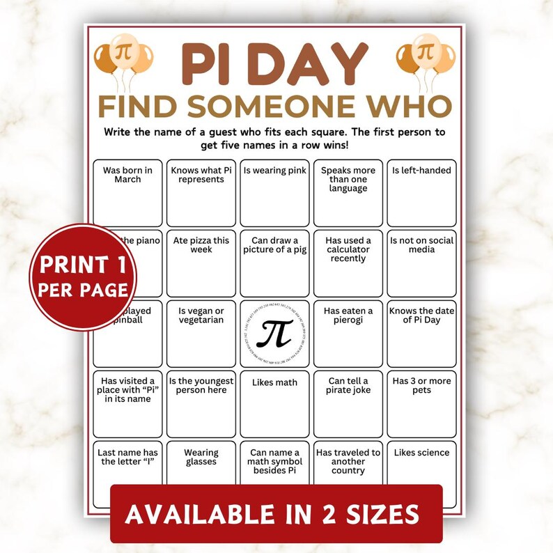 Pi Day Find Someone Who Bingo, Printable Pi Day Game, Classroom Pi Day ...