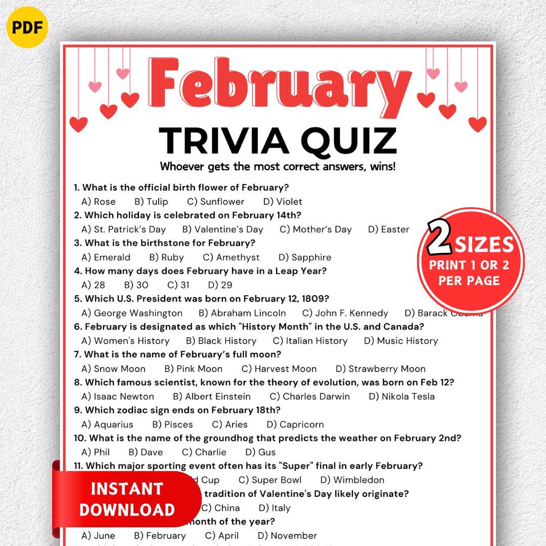 February Fun Riddle Game February Trivia Game, Valentines Day Trivia Quiz, Winter Season Games ...