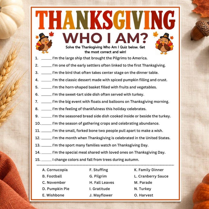 Thanksgiving Who Am I Riddles, Thanksgiving Trivia, Printable Guessing ...
