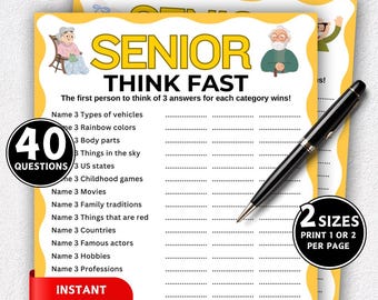 May include: A yellow and white printable game sheet titled "SENIOR THINK FAST" with 40 questions. The sheet includes categories like movies, hobbies, and countries. A black pen rests on the sheet, and a red "INSTANT DOWNLOAD" banner is visible.