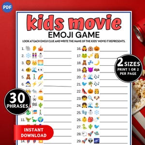 Kids Movie Emoji Game, Emoji Movie Guessing Game, Children&#39;s Movies Emoji Pictionary, Movie Trivia Game, Emoji Movie Quiz, Printable Games