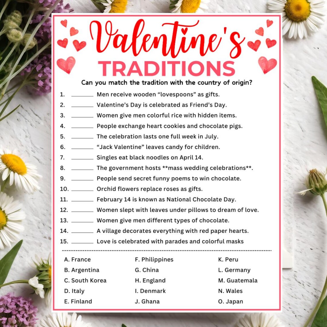 Valentine's Day Traditions Around the World Game, Valentine's Trivia ...