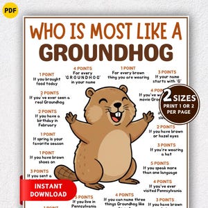 May include: A poster with the text "WHO IS MOST LIKE A GROUNDHOG" features a cartoon groundhog with outstretched arms. The poster includes a point system with various criteria, such as having brown eyes or living in Pennsylvania. The poster is available in two sizes.
