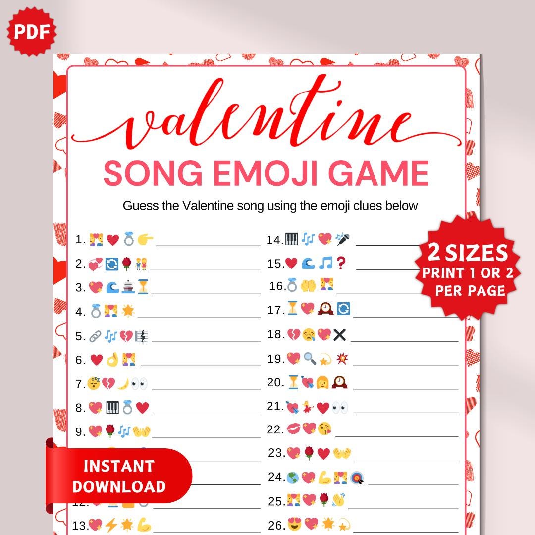 Valentine's Day Song Emoji Game, Printable Valentines Songs Game,…