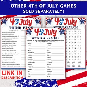 May include: A set of 4th of July games, including a word search, word scramble, and a "Think Fast" game. The games feature a red, white, and blue color scheme with patriotic themes. Text includes "Other 4th of July Games Sold Separately!"