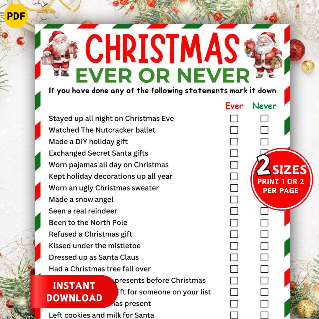 Never Have I Ever Christmas Game, Printable Christmas Game, Xmas Party ...