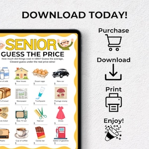 May include: A digital download graphic with the text "DOWNLOAD TODAY!" and "SENIOR GUESS THE PRICE." The game challenges players to guess the 1955 prices of items like a new car, house, and coffee. Includes icons for purchase, download, print, and enjoy.