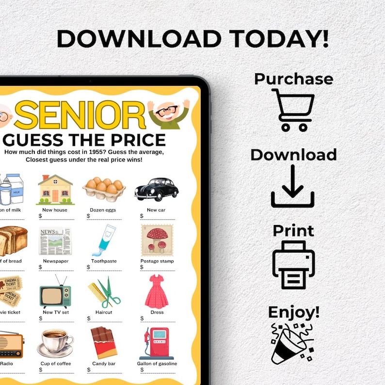 May include: A digital download graphic with the text "DOWNLOAD TODAY!" and "SENIOR GUESS THE PRICE." The game challenges players to guess the 1955 prices of items like a new car, house, and coffee. Includes icons for purchase, download, print, and enjoy.