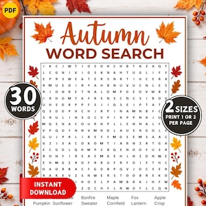 May include: An Autumn Word Search printable game sheet featuring a grid of letters, the title Autumn Word Search, and decorative orange and red maple leaves. The sheet includes text indicating 30 words and 2 sizes, with an instant download label.