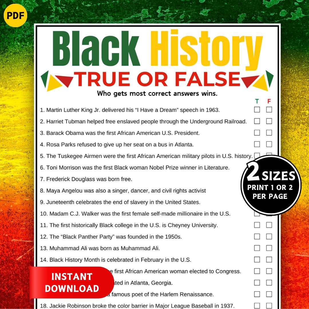 True or False Black History Game, Black History Trivia, Printable Black ...