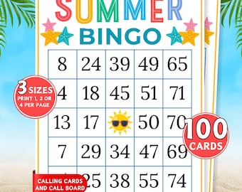 100 Summer Bingo Cards, Summer Bingo, Summer Party Game, Printable Bingo Cards, Classroom Activity, Summer Vacation Bingo for Kids & Adults