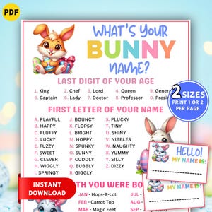 What's Your Bunny Name Game with Nametags, Printable Easter Party Games, Family Easter Name Generator Game, Easter Activity for Kids Adults