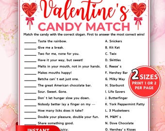Valentines Candy Match Game, Candy Slogan Trivia Game, Printable Valentines Game, Valentines Party Games, Candy Quiz for Kids Teens & Adults