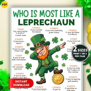 以下が含まれることがあります： 「Who Is Most Like a Leprechaun」と題された、緑と白の聖パトリックの日のゲームボード。イラストには、漫画のレプラコーン、シャムロック、金貨が描かれています。ゲームにはポイントベースの質問が含まれています。「インスタントダウンロード」という言葉が見えます。