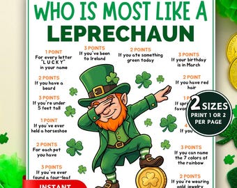 St Patrick's Day Games, Who is Most Like a Leprechaun Game, St Patricks Day Printable Game, Dinner Table Game, St Patricks Activity For Kids