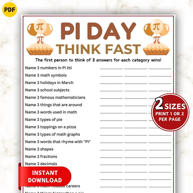Pi Day Think Fast Game! Printable Pi Day Games, Think Quick Trivia Game ...