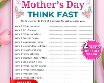 Mothers Day Think Fast Game! Printable Mother's Day Games, Think Quick Trivia, Mother's Day Party Game, Games for Mom, Icebreaker Game