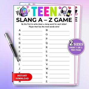 Könnte beinhalten: Ein druckbares Teen Slang A-Z Spielblatt mit einer bunten Kopfzeile, die einen Rucksack, Kopfhörer und Smartphone-Symbole zeigt. Die Seite enthält Zeilen für die Buchstaben A bis Z, Anweisungen und ein violettes kreisförmiges Abzeichen mit der Aufschrift 2 SIZES PRINT 1 OR 2 PER PAGE.