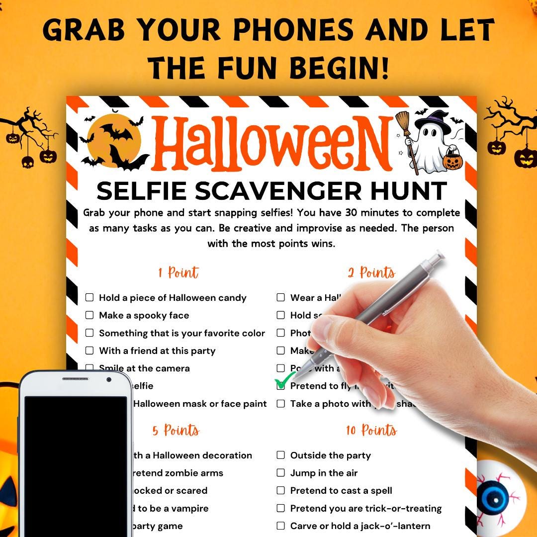 Halloween Selfie Scavenger Hunt Game, Printable Halloween Party Games ...