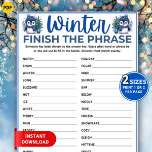 Winter Finish The Phrase Game, Printable Winter Game, Winter Trivia Game, Holiday Family Games, Winter Games For Kids and Adults