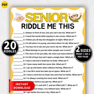 Puede incluir: Una hoja amarilla imprimible con el texto "SENIOR RIDDLE ME THIS" y 20 acertijos. Incluye una pancarta roja que dice "DESCARGA INSTANTÁNEA" y un círculo negro que dice "20 ACERTIJOS".