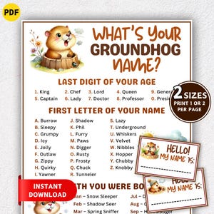 May include: A fun groundhog-themed name game, featuring a cartoon groundhog illustration. The poster lists names based on the last digit of your age and the first letter of your name. Available in two sizes for printing.