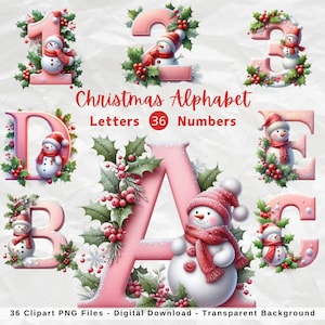 Pacote de clipart de alfabeto de boneco de neve rosa feminino, letras e números de Natal PNG, sublimação de fonte de feriado rosa, carta, criação de cartão