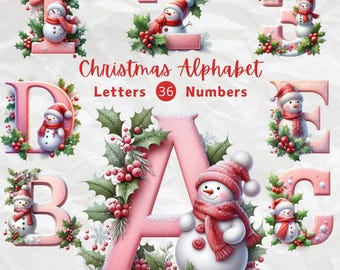 May include: Pink Christmas alphabet letters and numbers with a snowman and holly berry accents.  36 Clipart PNG Files - Digital Download - Transparent Background.