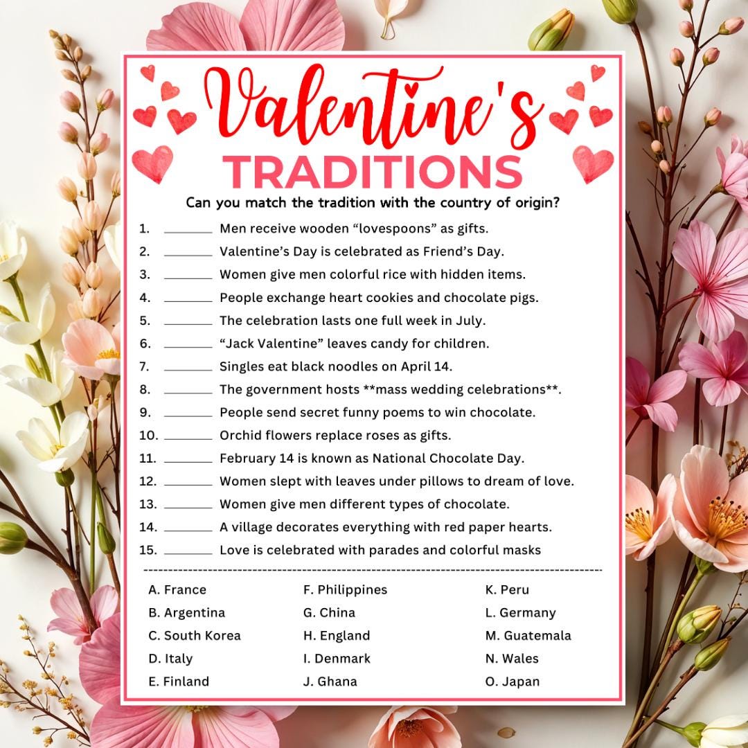 Valentine's Day Traditions Around the World Game, Valentine's Trivia ...