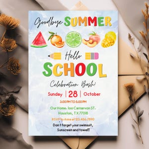 EDITABLE Back To School Party Invite, Printable End of Summer Pool Party Invitation, Goodbye Summer Hello School Invite, DIY Template Design
