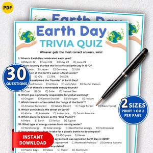 Puede incluir: Cuestionario de trivia del Día de la Tierra imprimible con 30 preguntas. El cuestionario presenta un diseño azul y verde con gráficos de la Tierra y el texto "Earth Day Trivia Quiz". Un bolígrafo negro descansa sobre el cuestionario y el texto "Instant Download" es visible.