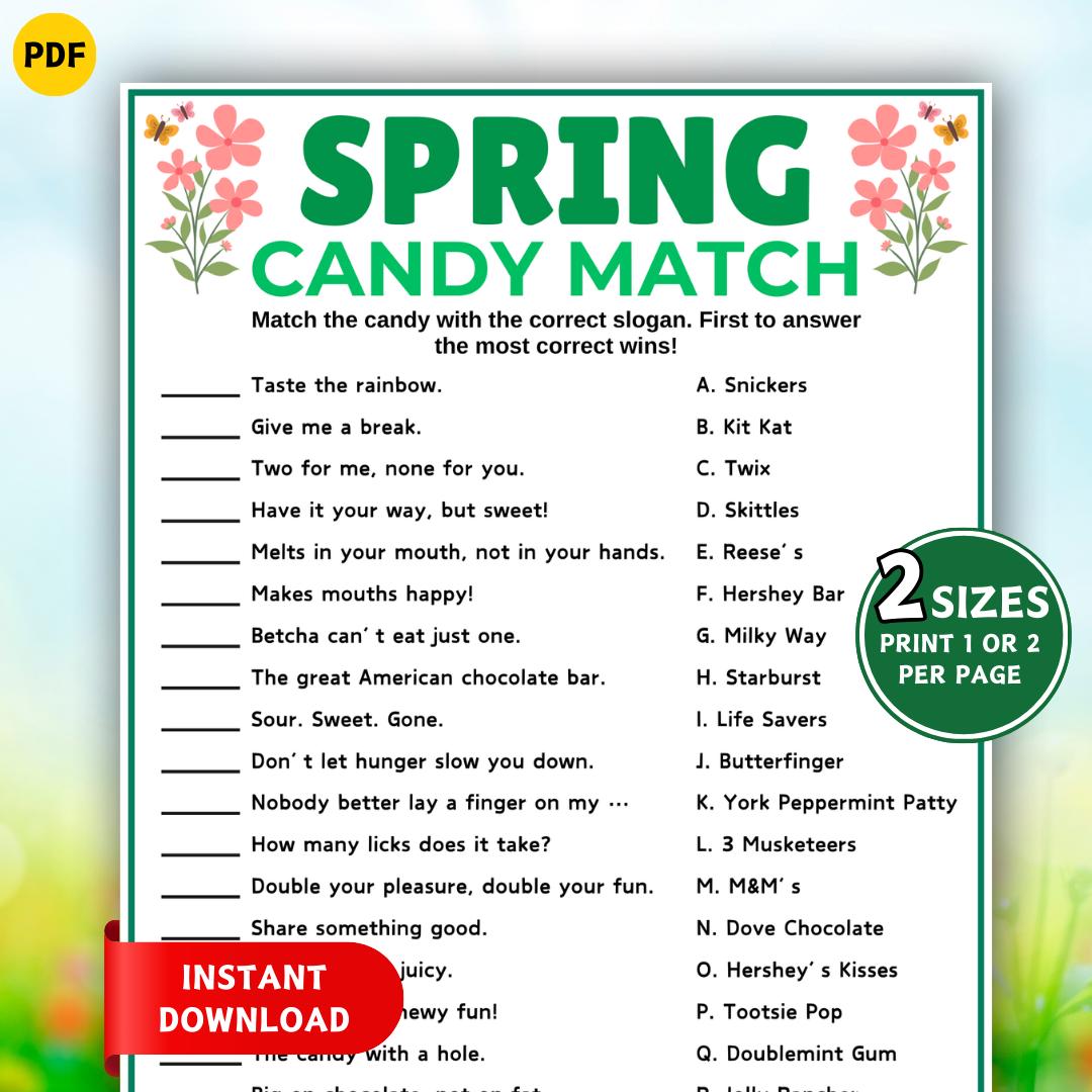 Spring Candy Sign Spring Candy Match Game, Candy Slogan Trivia Game, Printable Spring ...